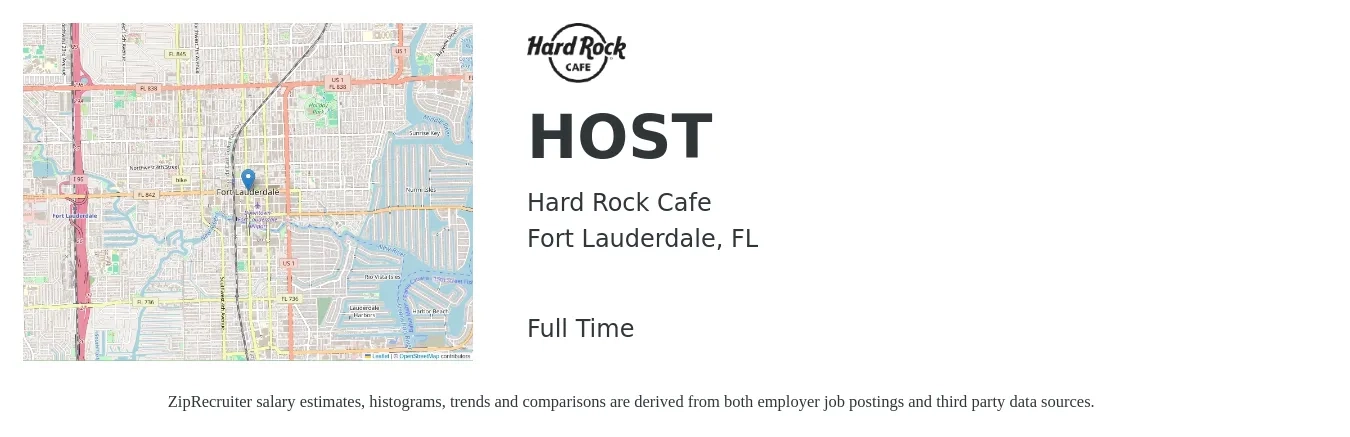Hard Rock Cafe job posting for a HOST in Fort Lauderdale, FL with a salary of $12 to $16 Hourly with a map of Fort Lauderdale location.