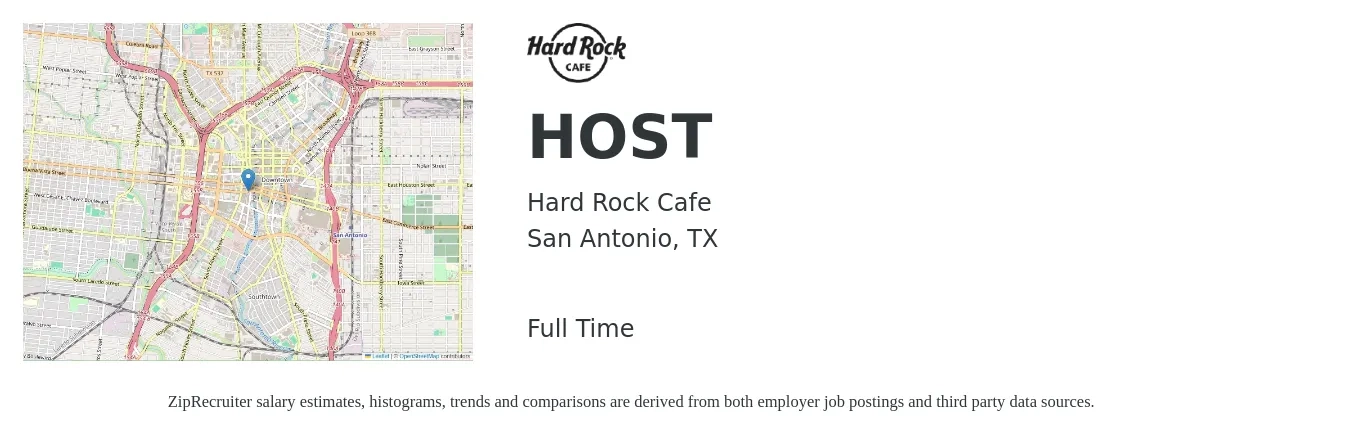Hard Rock Cafe job posting for a HOST in San Antonio, TX with a salary of $13 to $17 Hourly with a map of San Antonio location.