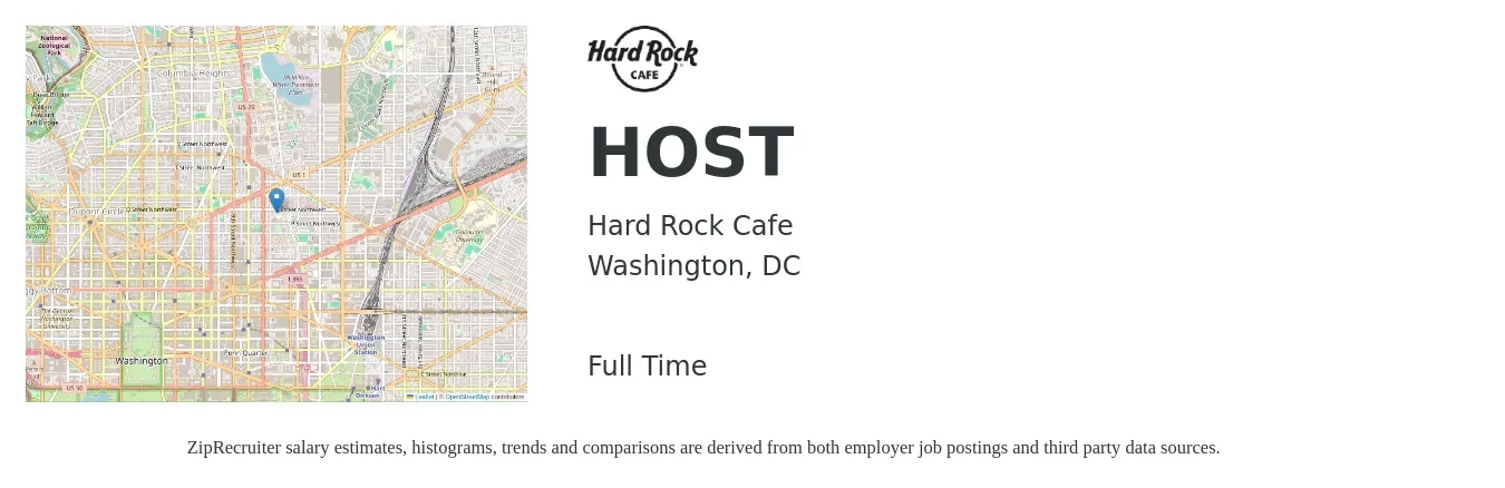 Hard Rock Cafe job posting for a HOST in Washington, DC with a salary of $16 to $22 Hourly with a map of Washington location.