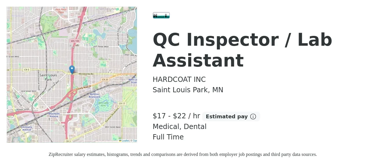 HARDCOAT INC job posting for a QC Inspector / Lab Assistant in Saint Louis Park, MN with a salary of $18 to $23 Hourly and benefits including medical, retirement, dental, and life_insurance with a map of Saint Louis Park location.