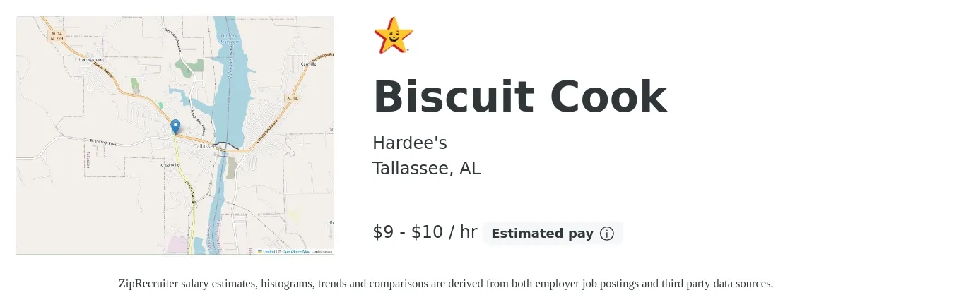 Hardee's job posting for a Biscuit Cook in Tallassee, AL with a salary of $10 to $11 Hourly with a map of Tallassee location.
