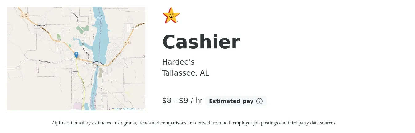 Hardee's job posting for a Cashier in Tallassee, AL with a salary of $9 to $10 Hourly with a map of Tallassee location.