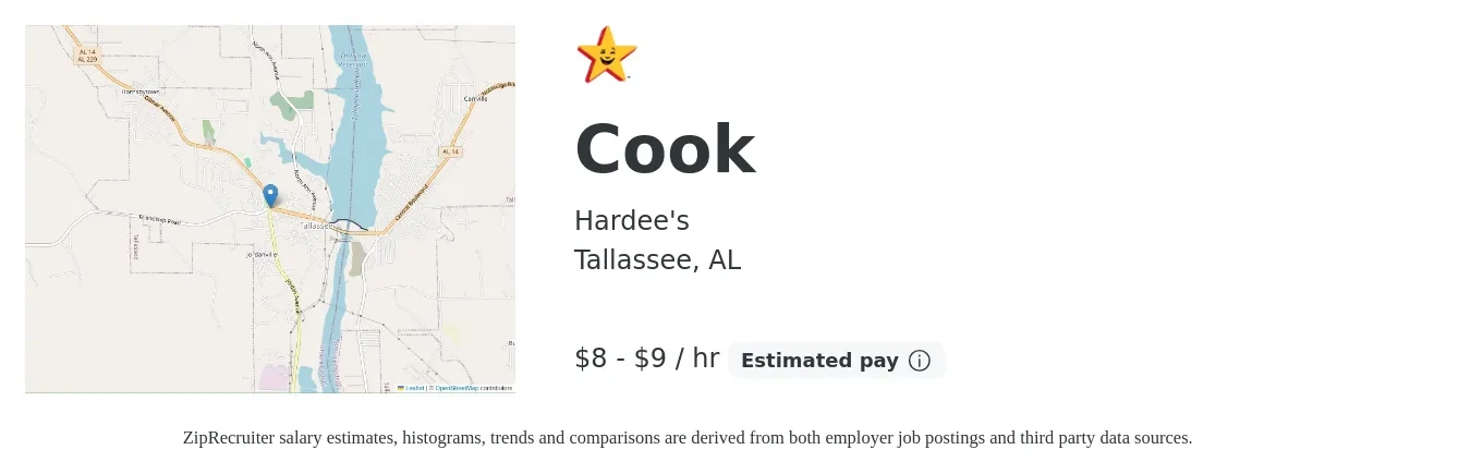 Hardee's job posting for a Cook in Tallassee, AL with a salary of $9 to $10 Hourly with a map of Tallassee location.