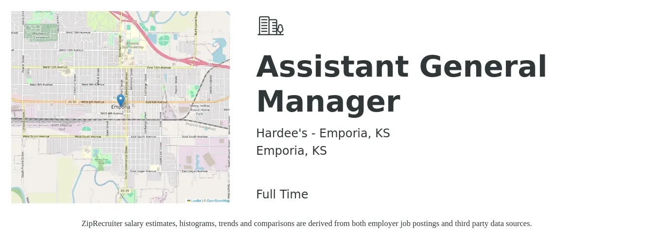 Hardee's - Emporia, KS job posting for a Assistant General Manager in Emporia, KS with a salary of $14 to $21 Hourly with a map of Emporia location.