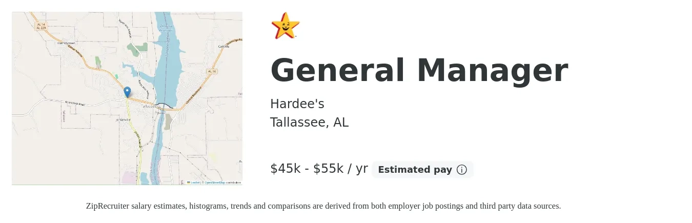 Hardee's job posting for a General Manager in Tallassee, AL with a salary of $45,000 to $55,000 Yearly with a map of Tallassee location.