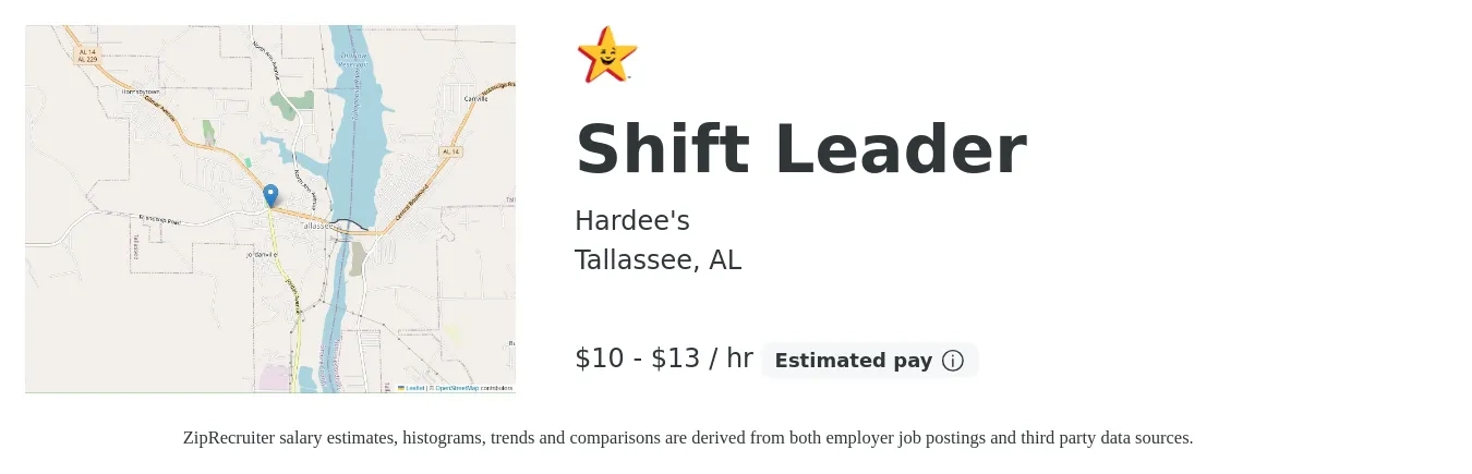 Hardee's job posting for a Shift Leader in Tallassee, AL with a salary of $11 to $14 Hourly with a map of Tallassee location.