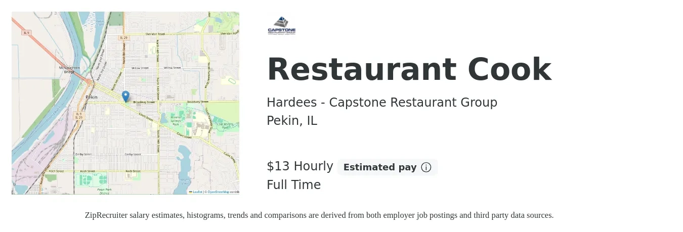 Hardees - Capstone Restaurant Group job posting for a Restaurant Cook in Pekin, IL with a salary of $14 to $14 Hourly with a map of Pekin location.