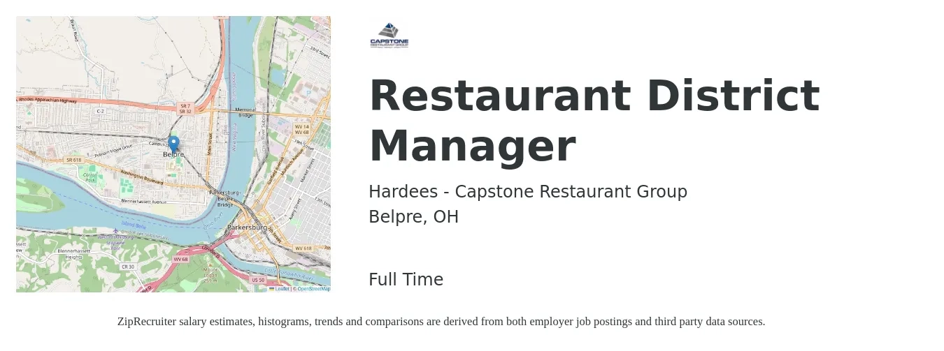 Hardees - Capstone Restaurant Group job posting for a Restaurant District Manager in Belpre, OH with a salary of $67,800 to $83,500 Yearly with a map of Belpre location.