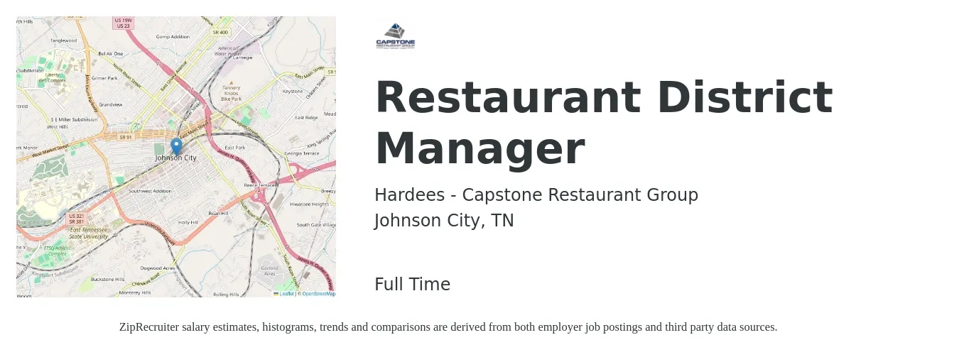 Hardees - Capstone Restaurant Group job posting for a Restaurant District Manager in Johnson City, TN with a salary of $66,300 to $81,600 Yearly with a map of Johnson City location.