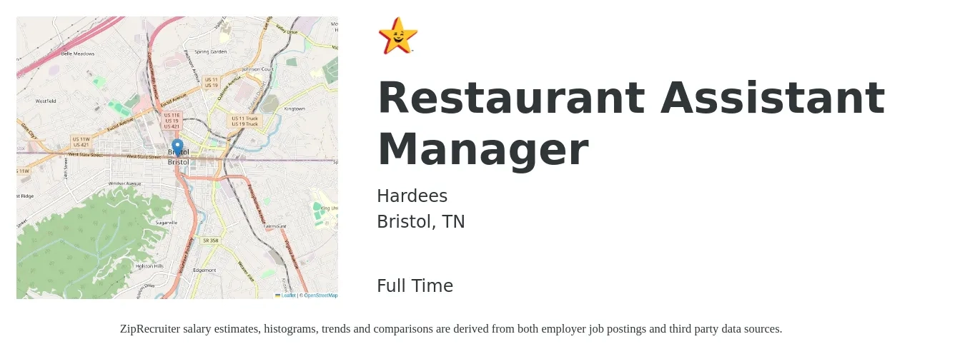 Hardees job posting for a Restaurant Assistant Manager in Bristol, TN with a salary of $14 to $21 Hourly with a map of Bristol location.
