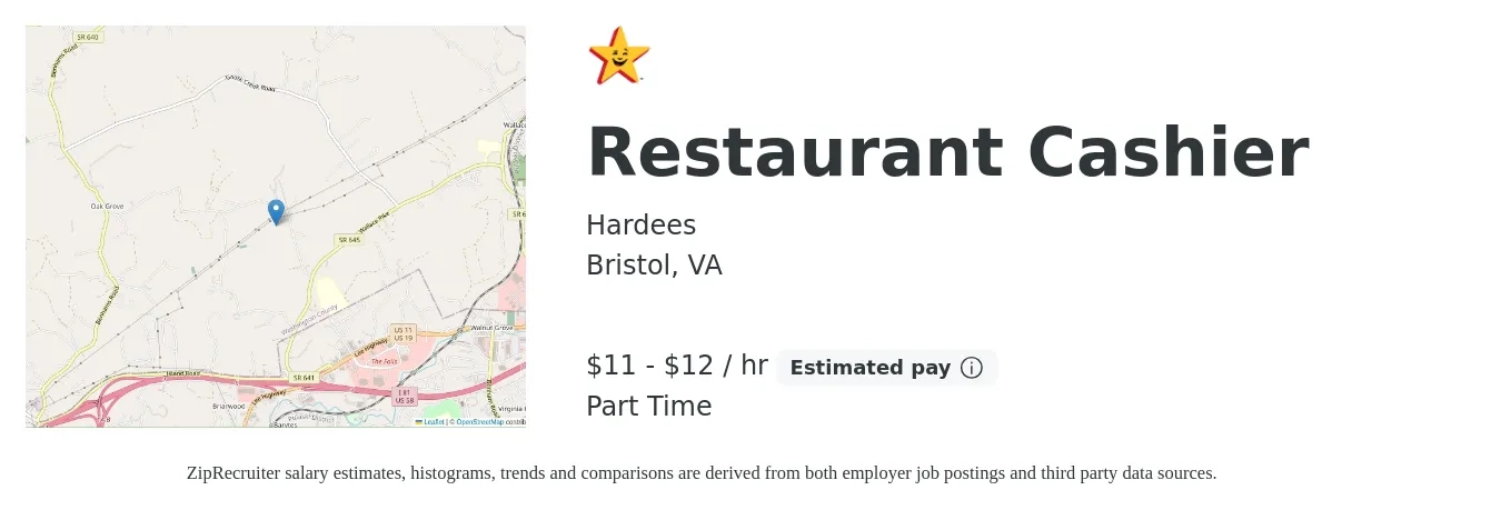 Hardees job posting for a Restaurant Cashier in Bristol, VA with a salary of $12 to $13 Hourly with a map of Bristol location.