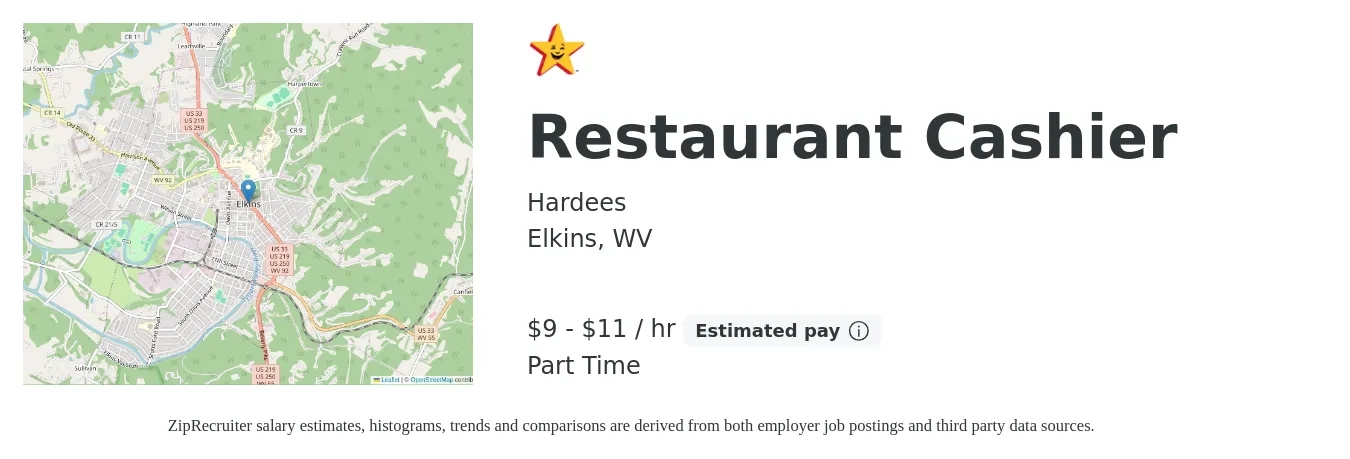 Hardees job posting for a Restaurant Cashier in Elkins, WV with a salary of $9 to $10 Hourly with a map of Elkins location.
