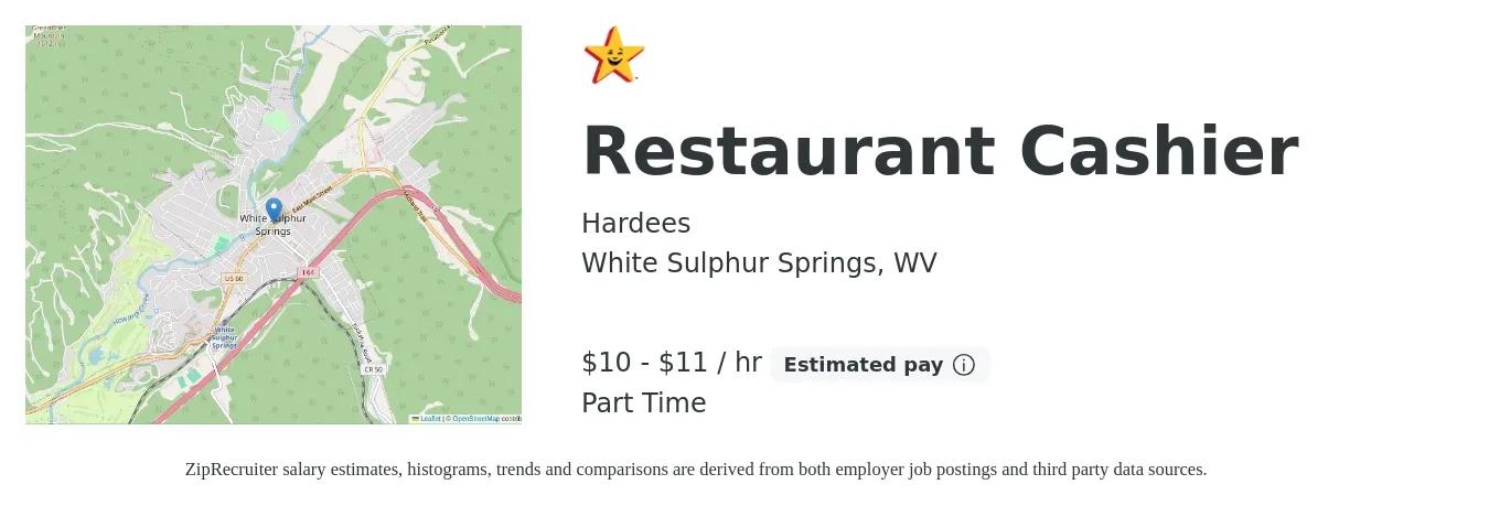 Hardees job posting for a Restaurant Cashier in White Sulphur Springs, WV with a salary of $10 to $11 Hourly with a map of White Sulphur Springs location.