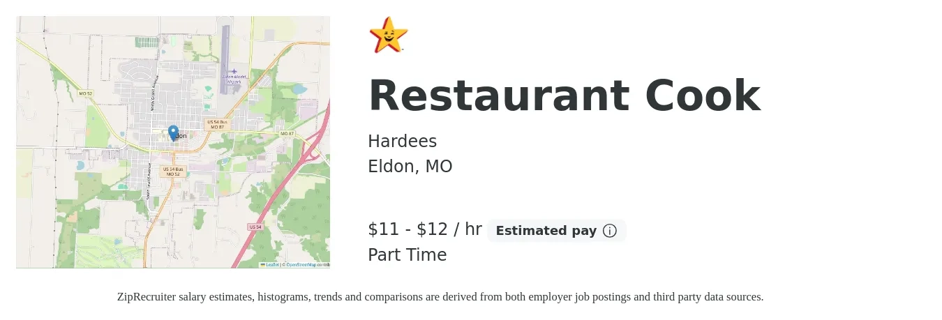 Hardees job posting for a Restaurant Cook in Eldon, MO with a salary of $12 to $13 Hourly with a map of Eldon location.