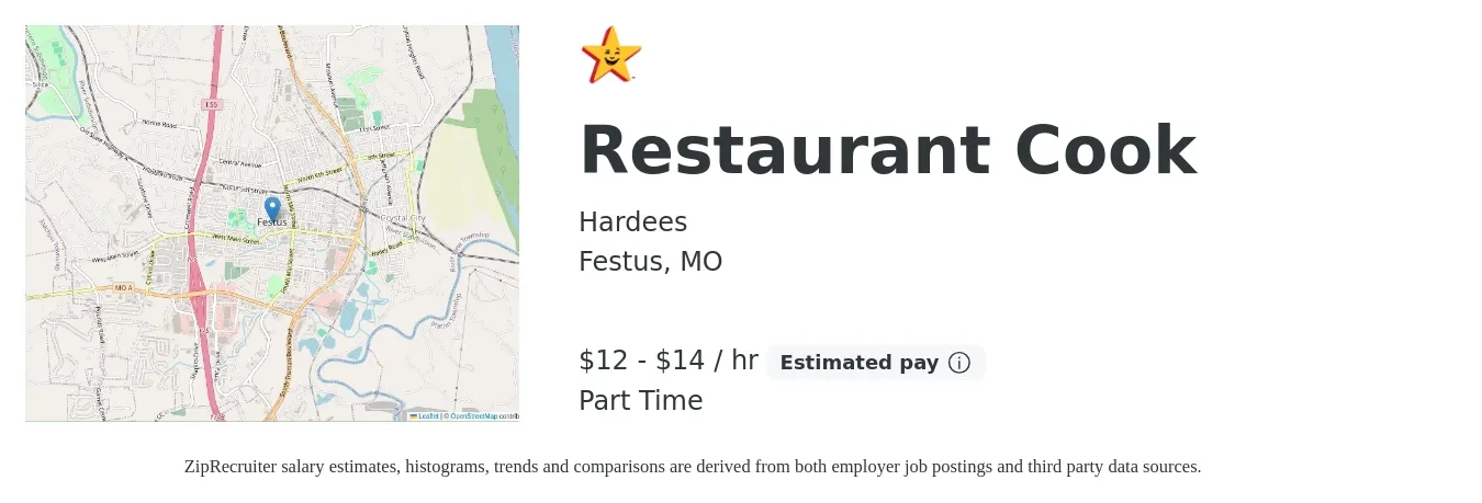Hardees job posting for a Restaurant Cook in Festus, MO with a salary of $13 to $15 Hourly with a map of Festus location.
