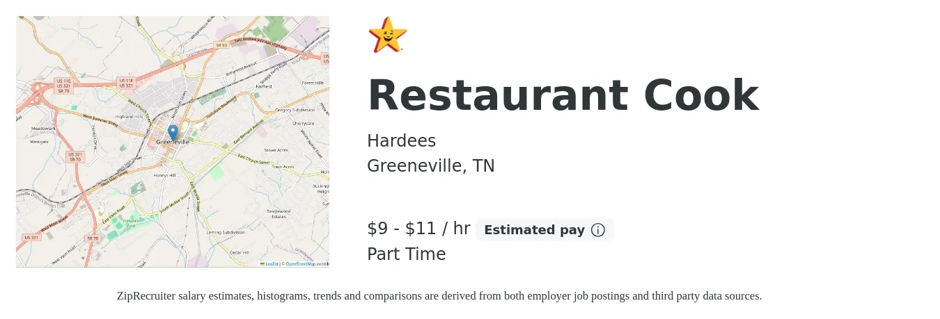 Hardees job posting for a Restaurant Cook in Greeneville, TN with a salary of $10 to $12 Hourly with a map of Greeneville location.