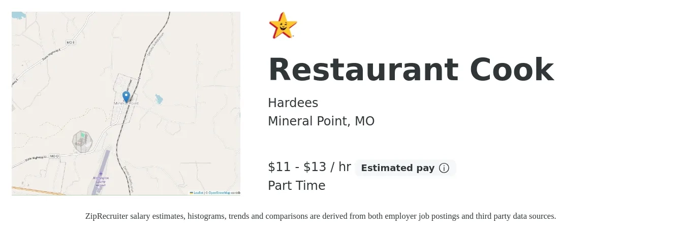 Hardees job posting for a Restaurant Cook in Mineral Point, MO with a salary of $12 to $14 Hourly with a map of Mineral Point location.