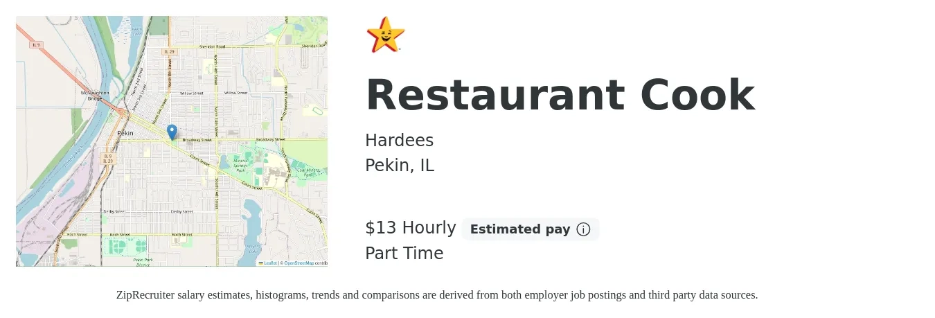 Hardees job posting for a Restaurant Cook in Pekin, IL with a salary of $14 to $14 Hourly with a map of Pekin location.