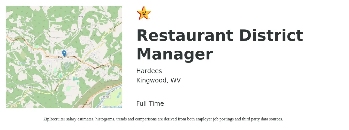 Hardees job posting for a Restaurant District Manager in Kingwood, WV with a salary of $61,900 to $76,300 Yearly with a map of Kingwood location.