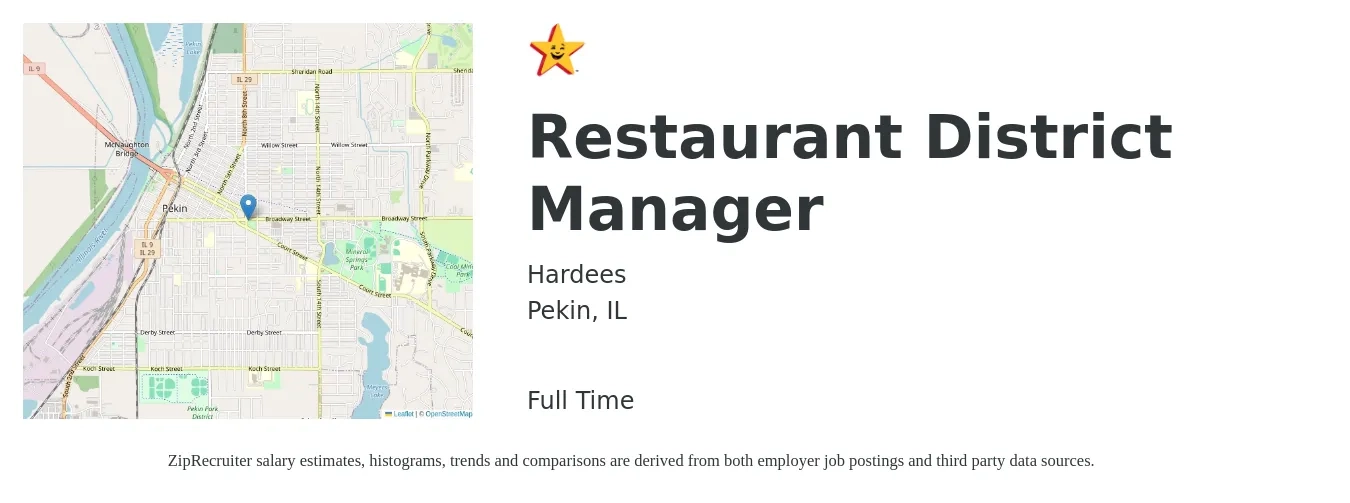 Hardees job posting for a Restaurant District Manager in Pekin, IL with a salary of $63,400 to $78,100 Yearly with a map of Pekin location.