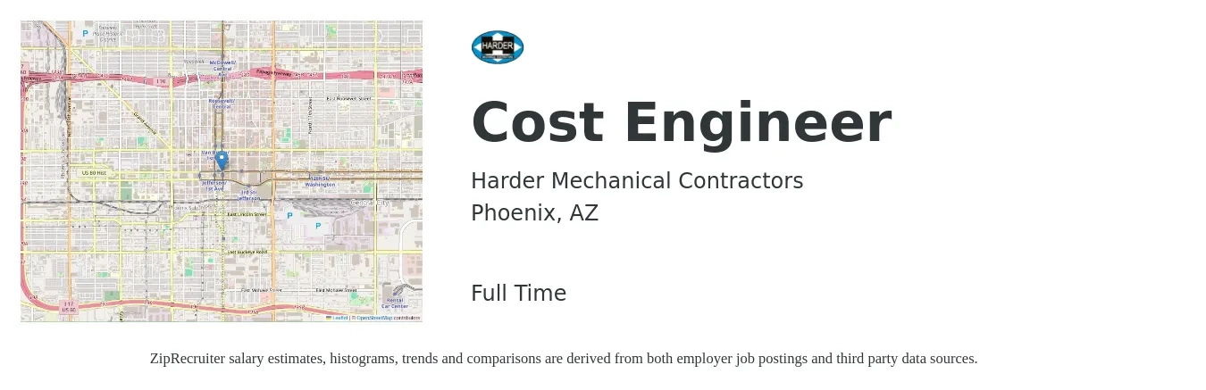 Harder Mechanical Contractors job posting for a Cost Engineer in Phoenix, AZ with a salary of $80,400 to $113,200 Yearly with a map of Phoenix location.