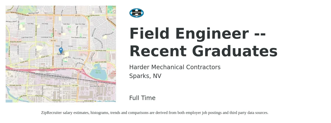 Harder Mechanical Contractors job posting for a Field Engineer -- Recent Graduates in Sparks, NV with a salary of $58,300 to $86,400 Yearly with a map of Sparks location.