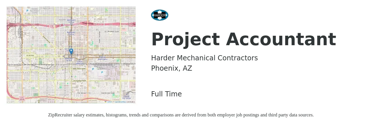 Harder Mechanical Contractors job posting for a Project Accountant in Phoenix, AZ with a salary of $58,300 to $76,400 Yearly with a map of Phoenix location.
