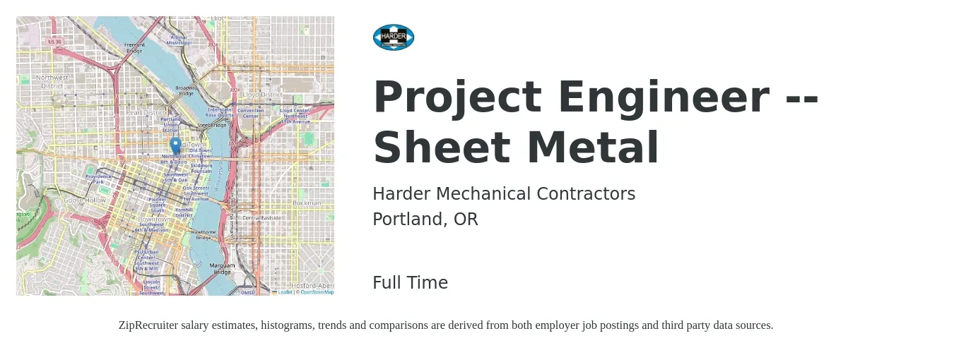 Harder Mechanical Contractors job posting for a Project Engineer -- Sheet Metal in Portland, OR with a salary of $81,500 to $111,100 Yearly with a map of Portland location.