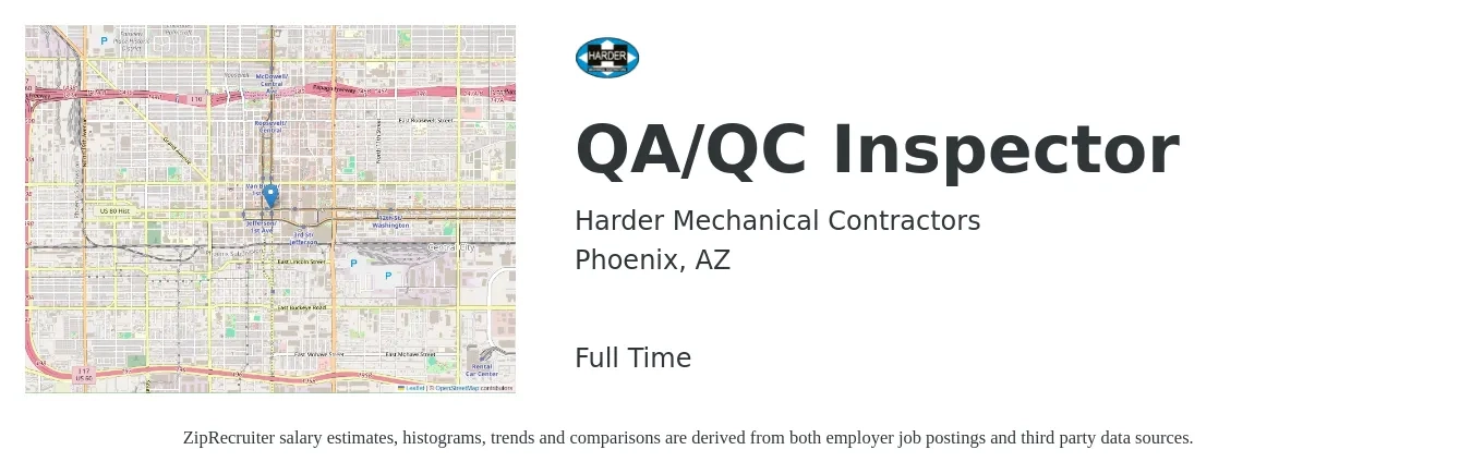 Harder Mechanical Contractors job posting for a QA/QC Inspector in Phoenix, AZ with a salary of $22 to $31 Hourly with a map of Phoenix location.