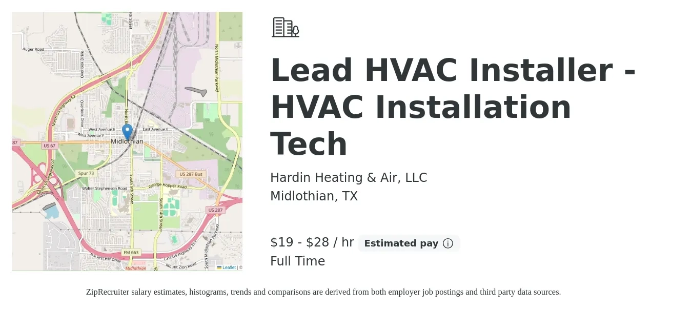 Hardin Heating & Air, LLC job posting for a Lead HVAC Installer - HVAC Installation Tech in Midlothian, TX with a salary of $20 to $30 Hourly with a map of Midlothian location.
