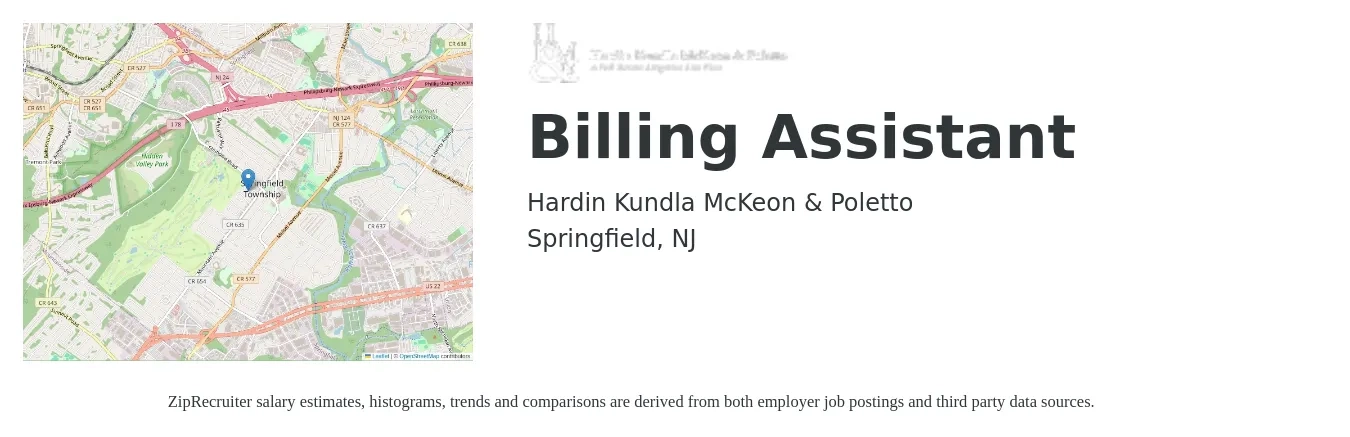 Hardin Kundla McKeon & Poletto job posting for a Billing Assistant in Springfield, NJ with a salary of $18 to $24 Hourly and benefits including life_insurance, medical, pto, and retirement with a map of Springfield location.