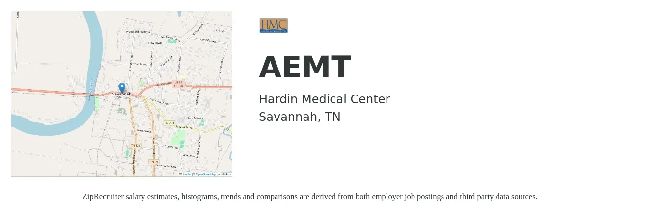 Hardin Medical Center job posting for a AEMT in Savannah, TN with a salary of $14 to $18 Hourly with a map of Savannah location.