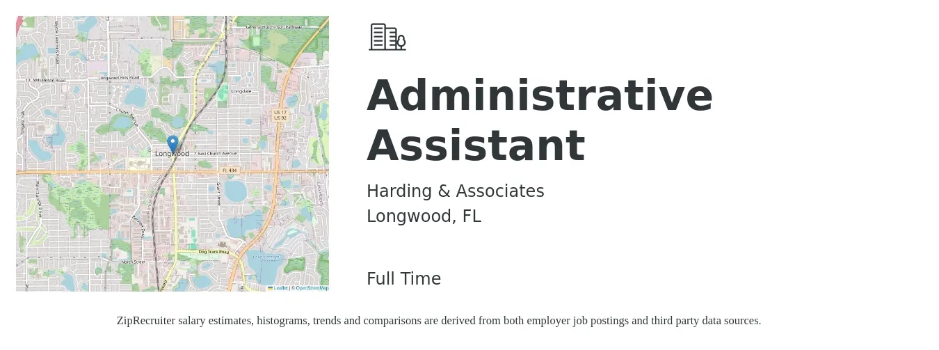Harding & Associates job posting for a Administrative Assistant in Longwood, FL with a salary of $16 to $21 Hourly with a map of Longwood location.