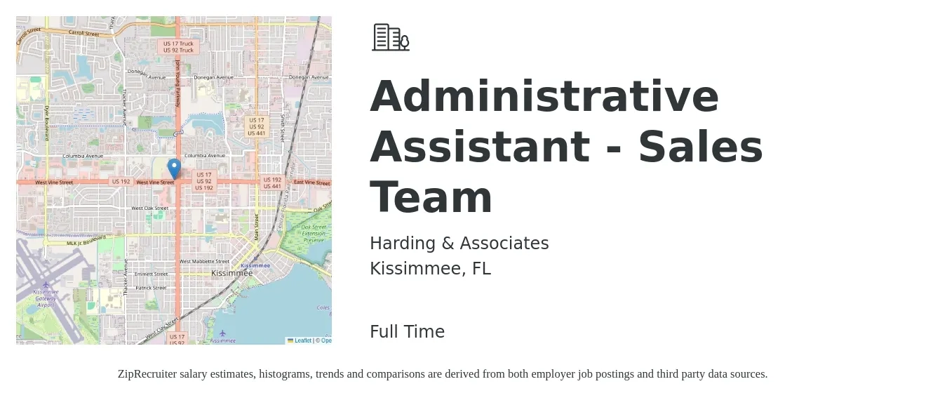Harding & Associates job posting for a Administrative Assistant - Sales Team in Kissimmee, FL with a salary of $16 to $22 Hourly with a map of Kissimmee location.
