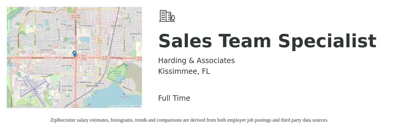 Harding & Associates job posting for a Sales Team Specialist in Kissimmee, FL with a salary of $40,600 to $67,600 Yearly with a map of Kissimmee location.