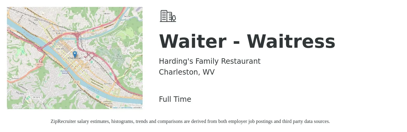 Harding's Family Restaurant job posting for a Waiter - Waitress in Charleston, WV with a salary of $12 to $17 Hourly with a map of Charleston location.