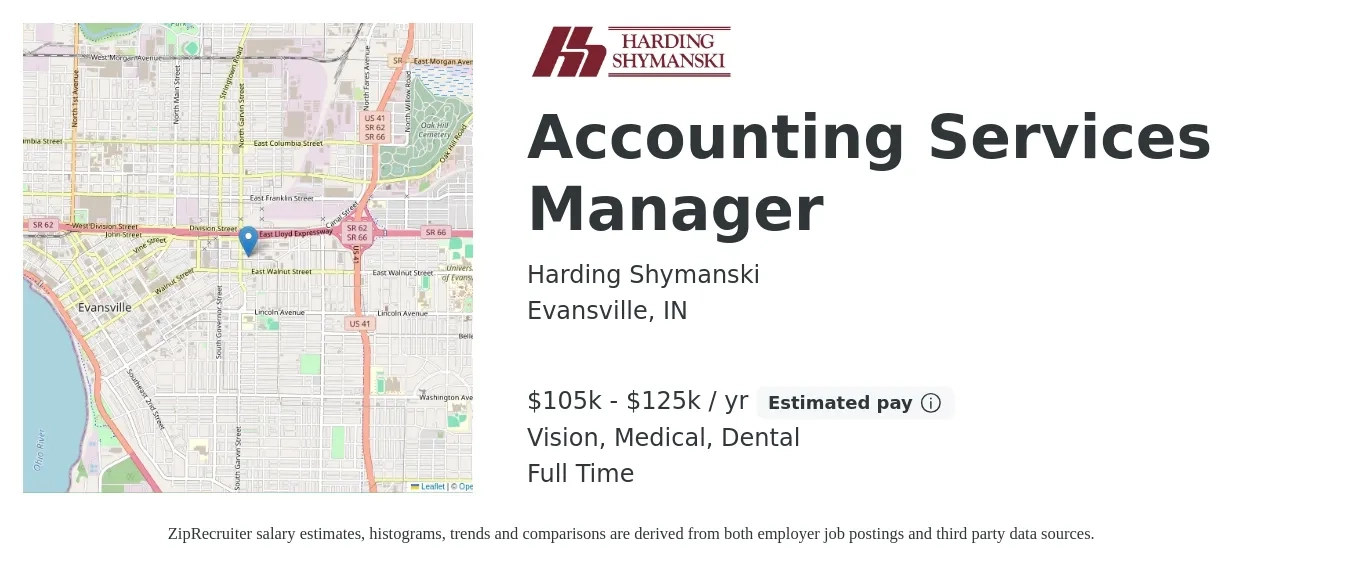 Harding Shymanski job posting for a Accounting Services Manager in Evansville, IN with a salary of $105,000 to $125,000 Yearly and benefits including dental, life_insurance, medical, retirement, and vision with a map of Evansville location.