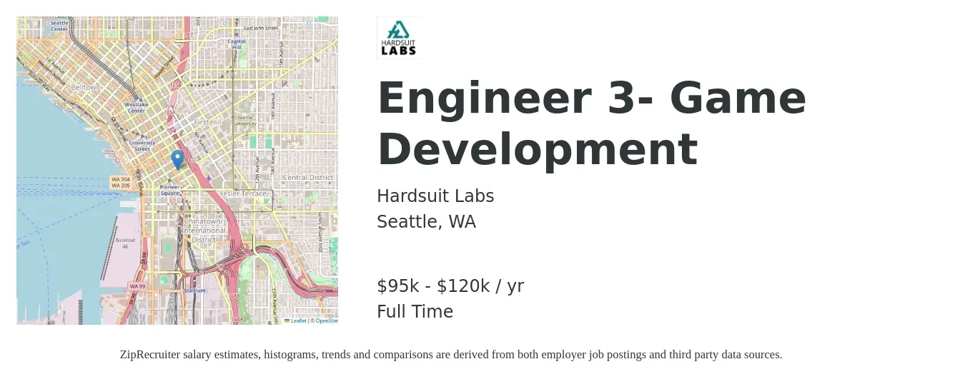 Hardsuit Labs job posting for a Engineer 3- Game Development in Seattle, WA with a salary of $95,000 to $120,000 Yearly with a map of Seattle location.