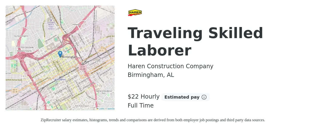 Haren Construction Company job posting for a Traveling Skilled Laborer in Birmingham, AL with a salary of $23 Hourly with a map of Birmingham location.
