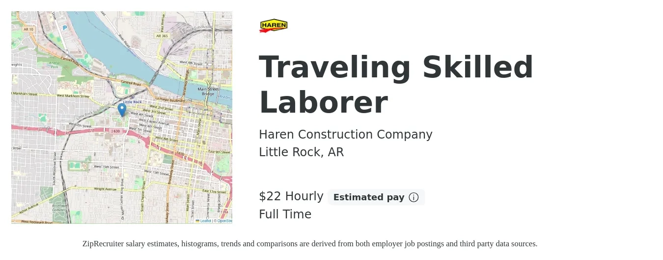 Haren Construction Company job posting for a Traveling Skilled Laborer in Little Rock, AR with a salary of $23 Hourly with a map of Little Rock location.