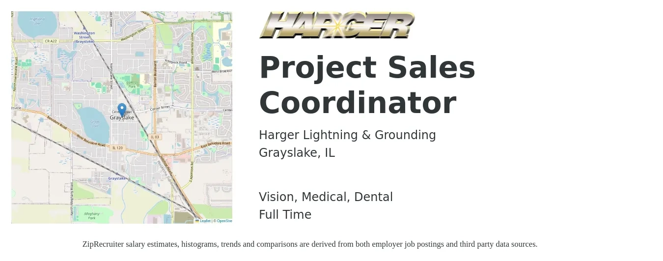 Harger Lightning & Grounding job posting for a Project Sales Coordinator in Grayslake, IL with a salary of $22 to $32 Hourly and benefits including pto, retirement, vision, dental, life_insurance, and medical with a map of Grayslake location.