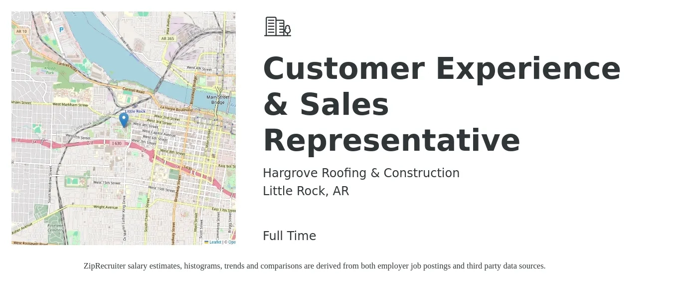 Hargrove Roofing & Construction job posting for a Customer Experience & Sales Representative in Little Rock, AR with a salary of $17 to $26 Hourly with a map of Little Rock location.