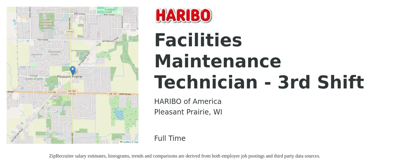 HARIBO of America job posting for a Facilities Maintenance Technician - 3rd Shift in Pleasant Prairie, WI with a salary of $18 to $25 Hourly with a map of Pleasant Prairie location.