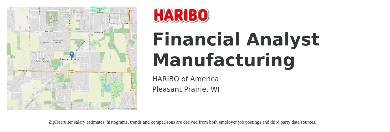 HARIBO of America job posting for a Financial Analyst Manufacturing in Pleasant Prairie, WI with a salary of $66,600 to $105,200 Yearly with a map of Pleasant Prairie location.