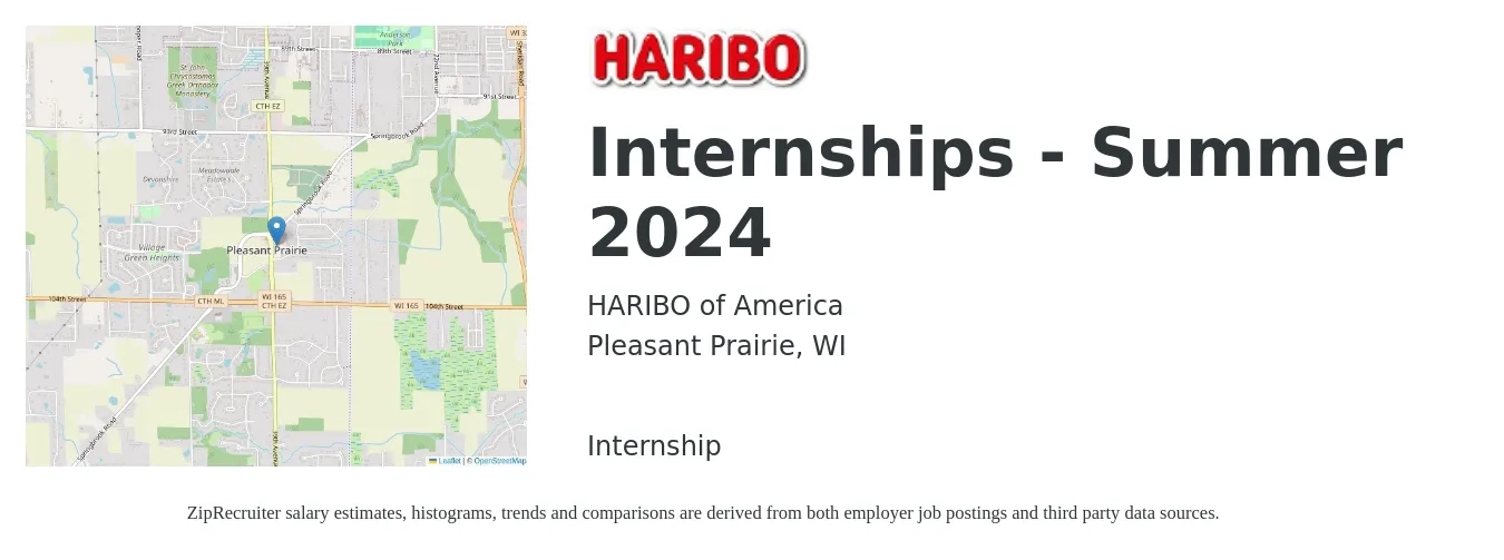 HARIBO of America job posting for a Internships - Summer 2024 in Pleasant Prairie, WI with a salary of $14 to $17 Hourly with a map of Pleasant Prairie location.
