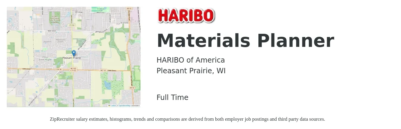 HARIBO of America job posting for a Materials Planner in Pleasant Prairie, WI with a salary of $25 to $36 Hourly with a map of Pleasant Prairie location.
