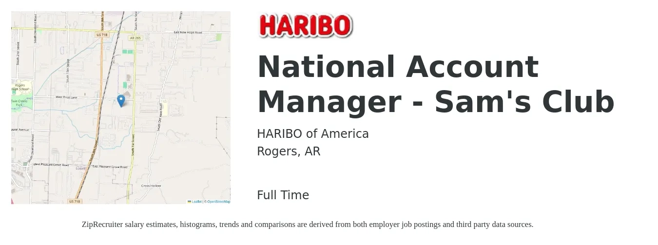 HARIBO of America job posting for a National Account Manager - Sam's Club in Rogers, AR with a salary of $90,800 to $117,100 Yearly with a map of Rogers location.