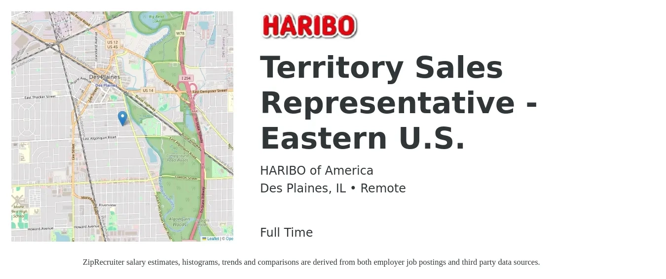 HARIBO of America job posting for a Territory Sales Representative - Eastern U.S. in Des Plaines, IL with a salary of $48,700 to $80,900 Yearly with a map of Des Plaines location.
