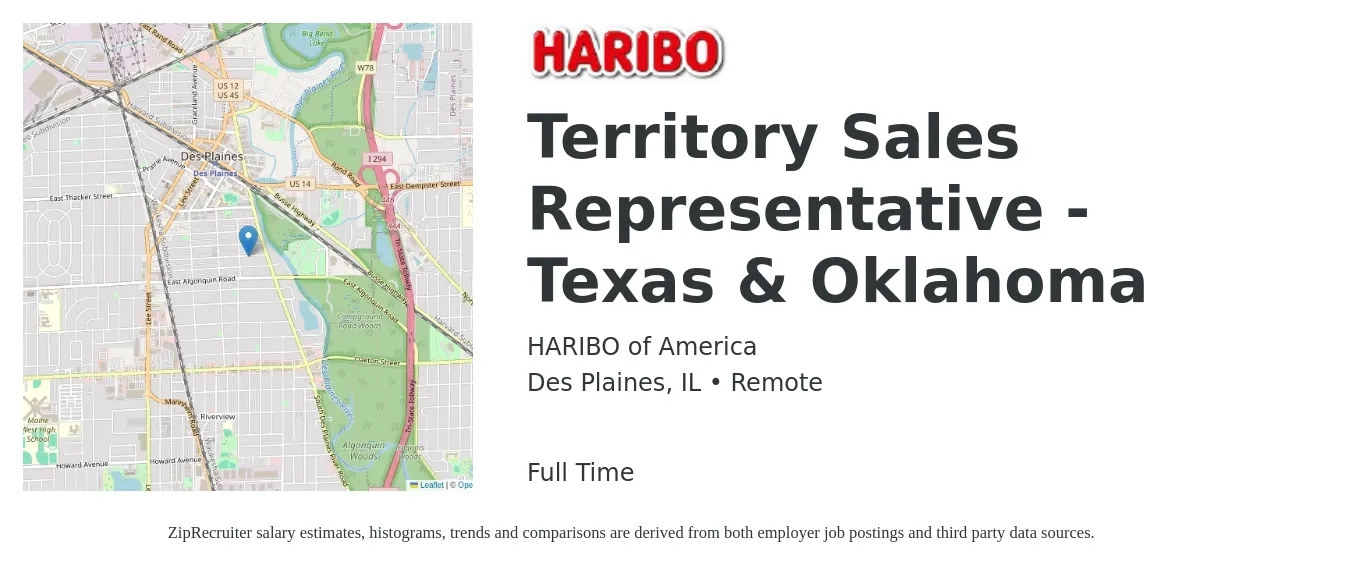 HARIBO of America job posting for a Territory Sales Representative - Texas & Oklahoma in Des Plaines, IL with a salary of $48,700 to $80,900 Yearly with a map of Des Plaines location.