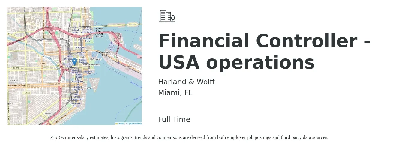 Harland & Wolff job posting for a Financial Controller - USA operations in Miami, FL with a salary of $88,500 to $123,900 Yearly with a map of Miami location.